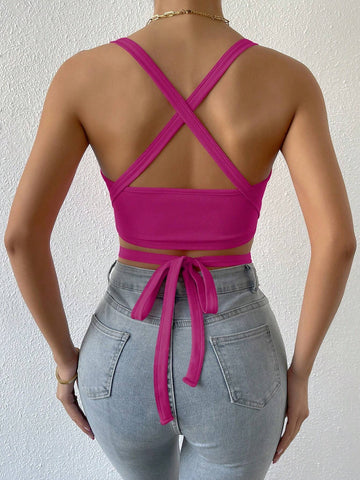 BAE Crisscross Tie Back Crop Halter Top shein