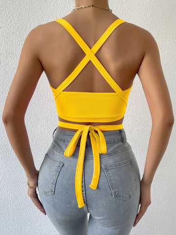 BAE Crisscross Tie Back Crop Halter Top shein