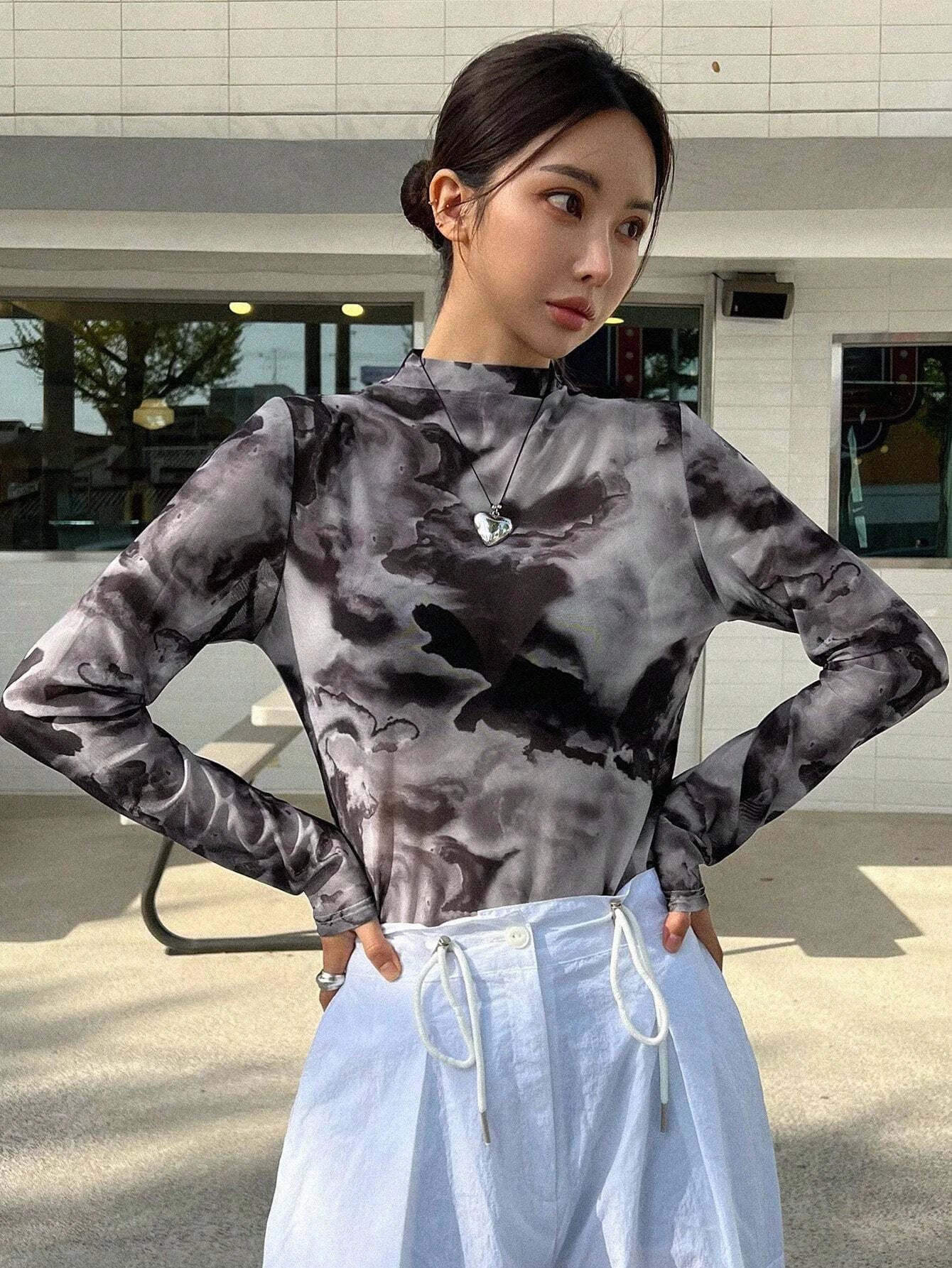 DAZY Ladies Stand Collar Tie Dye Top shein