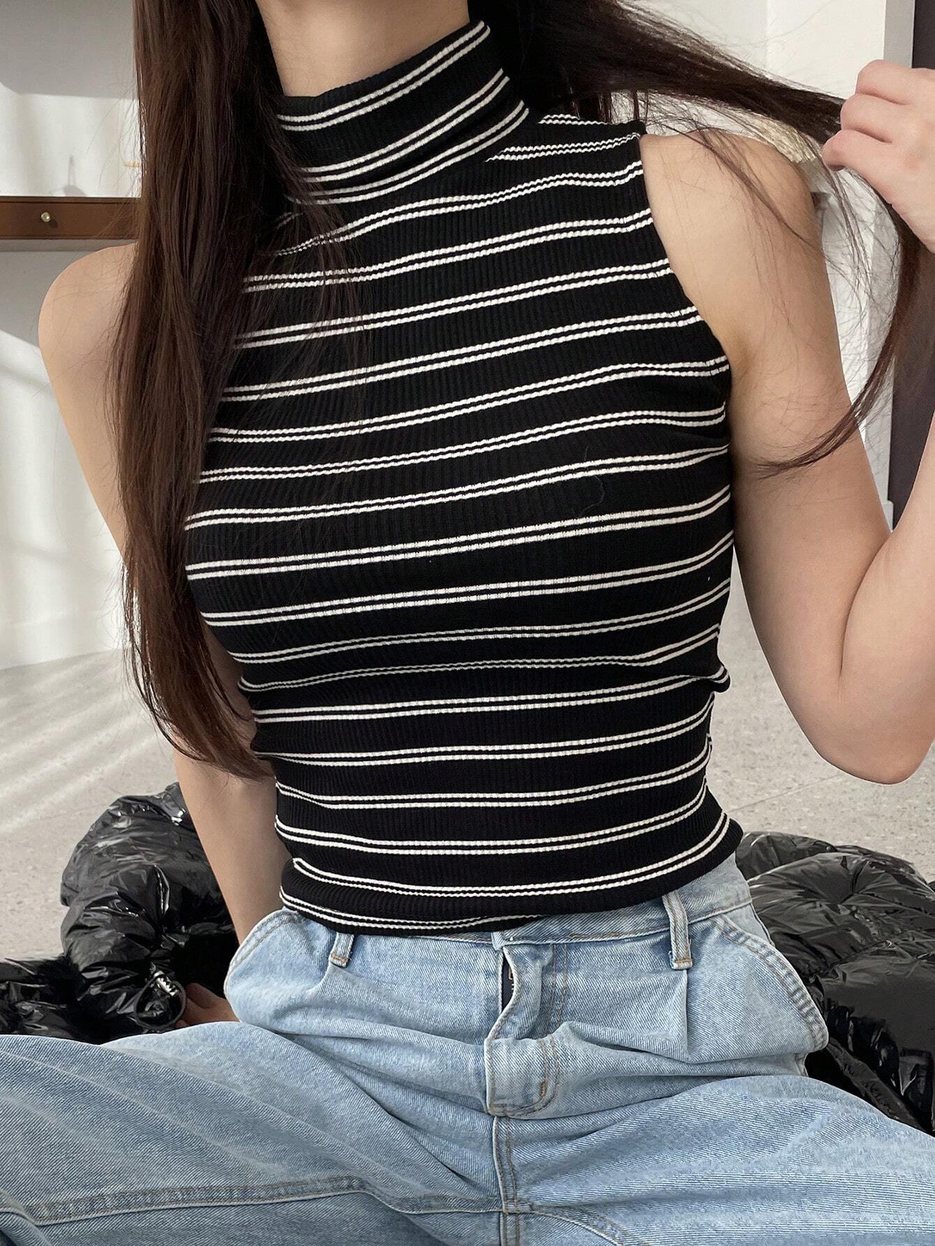 DAZY Striped Mock Neck Tank Top shein