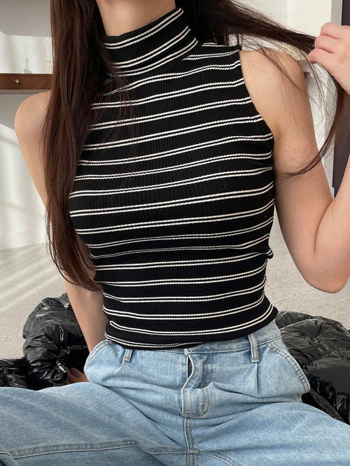 DAZY Striped Mock Neck Tank Top shein