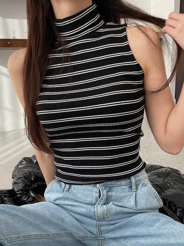 DAZY Striped Mock Neck Tank Top shein