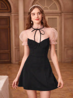 MOD Women's Patchwork Mesh Puff Sleeve Dress shein