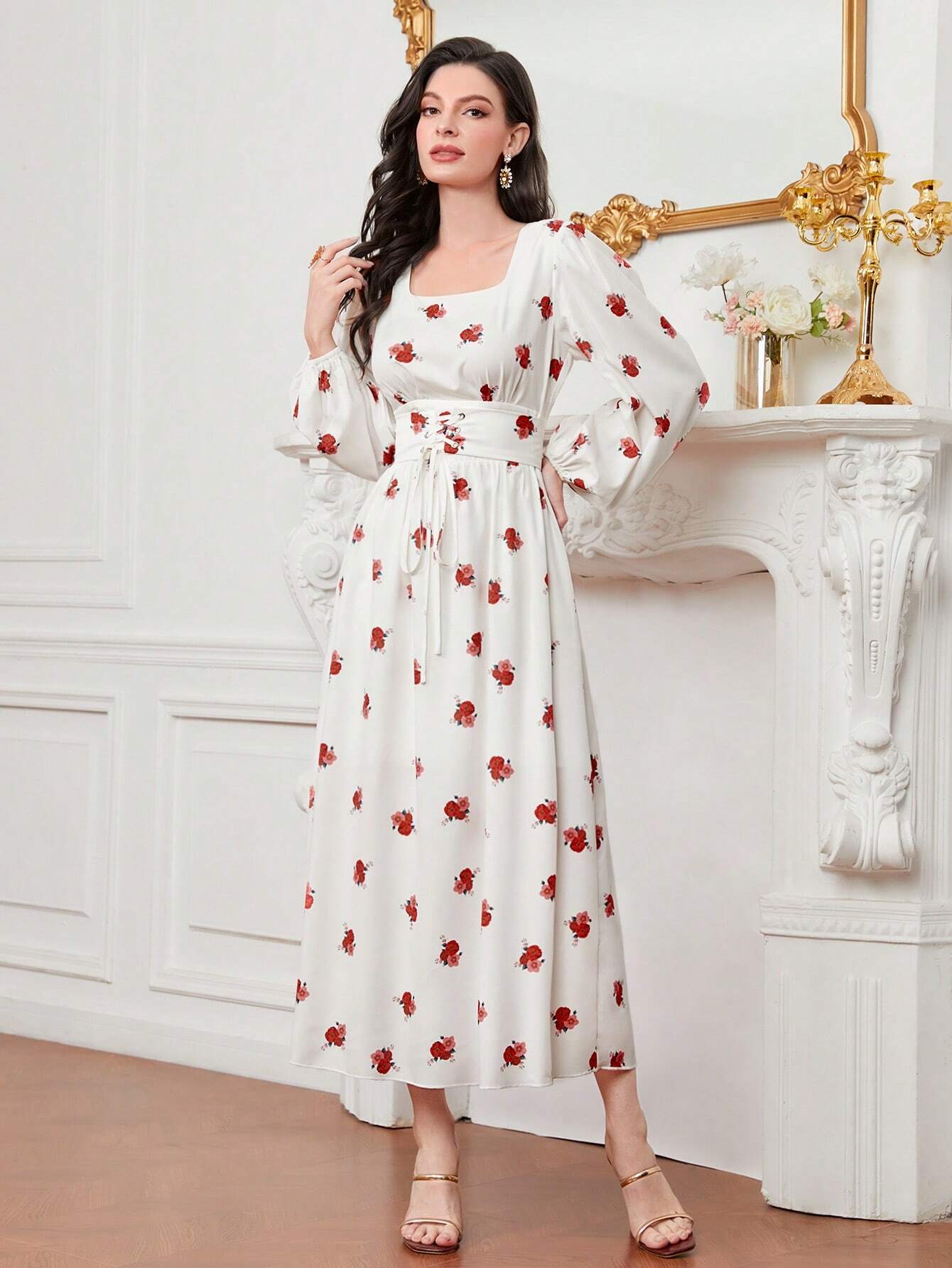 Modely Women's Fashionable Floral Print Long Sleeve Square Neckline Midi Dress shein