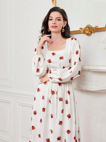 Modely Women's Fashionable Floral Print Long Sleeve Square Neckline Midi Dress shein