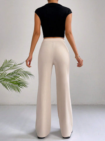 EZwear Y2k Solid Zipper Fly Seam Detail Pants Flare Leggings