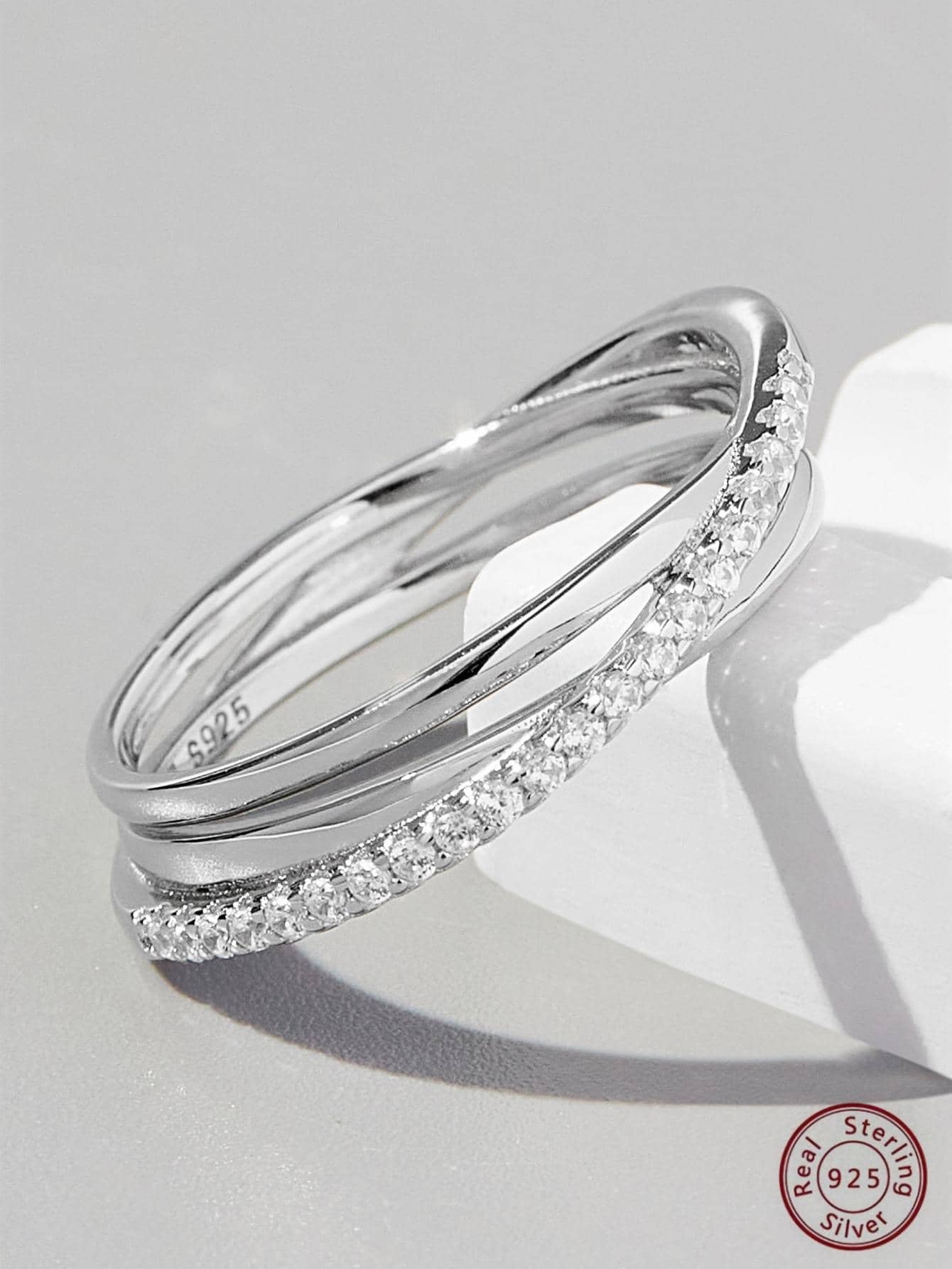 1pc Gorgeous Elegant Classic & Trendy 925 Sterling Silver Artificial Zircon Asymmetrical Crisscross Design Ring shein