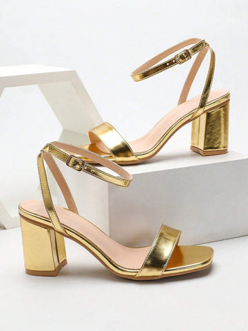 Women's Fashionable Square Toe Block Heel Champagne Colored High Heel Sandals shein