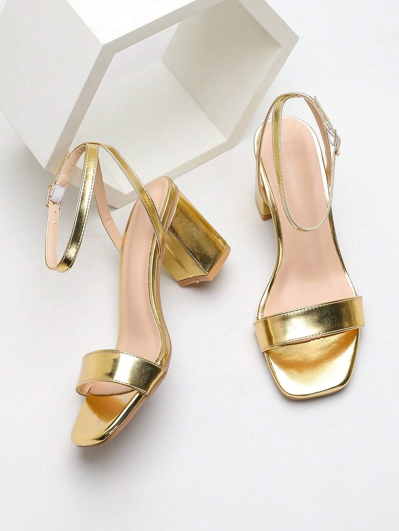 Women's Fashionable Square Toe Block Heel Champagne Colored High Heel Sandals shein