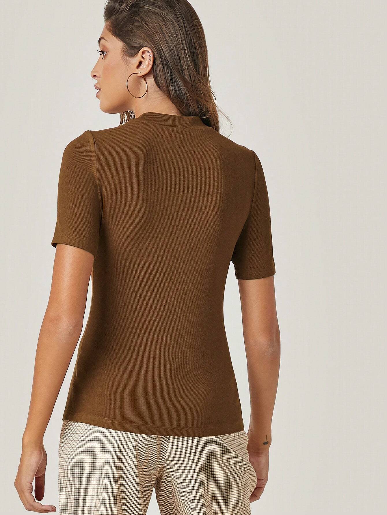BASICS Mock-Neck Rib-knit Top shein