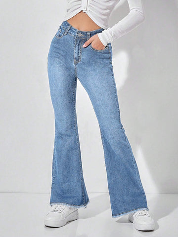 PETITE High Waist Raw Hem Flare Leg Jeans shein