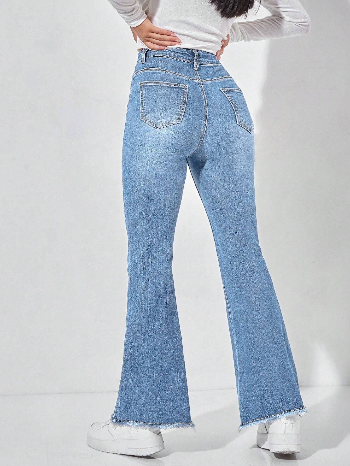 PETITE High Waist Raw Hem Flare Leg Jeans shein