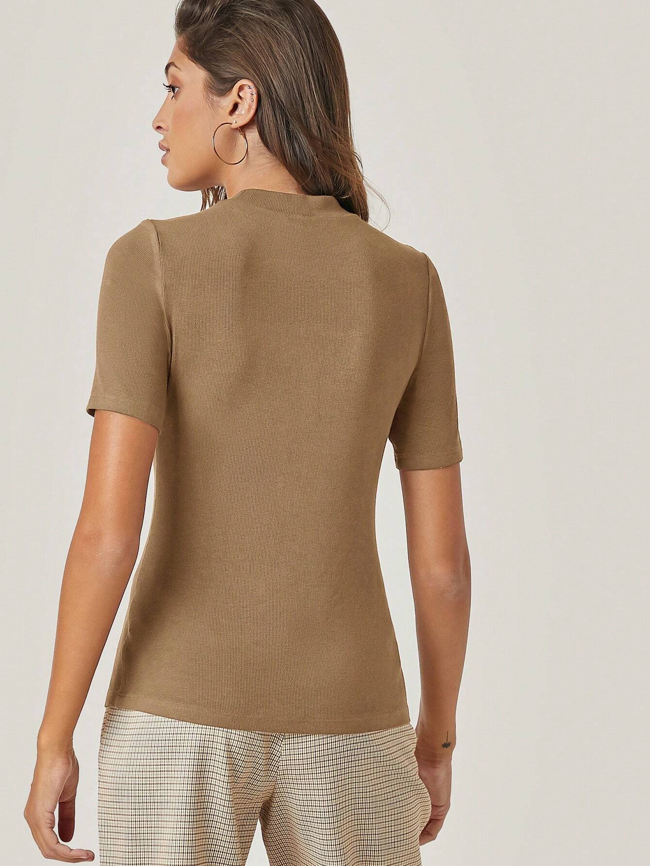 BASICS Mock-Neck Rib-knit Top shein