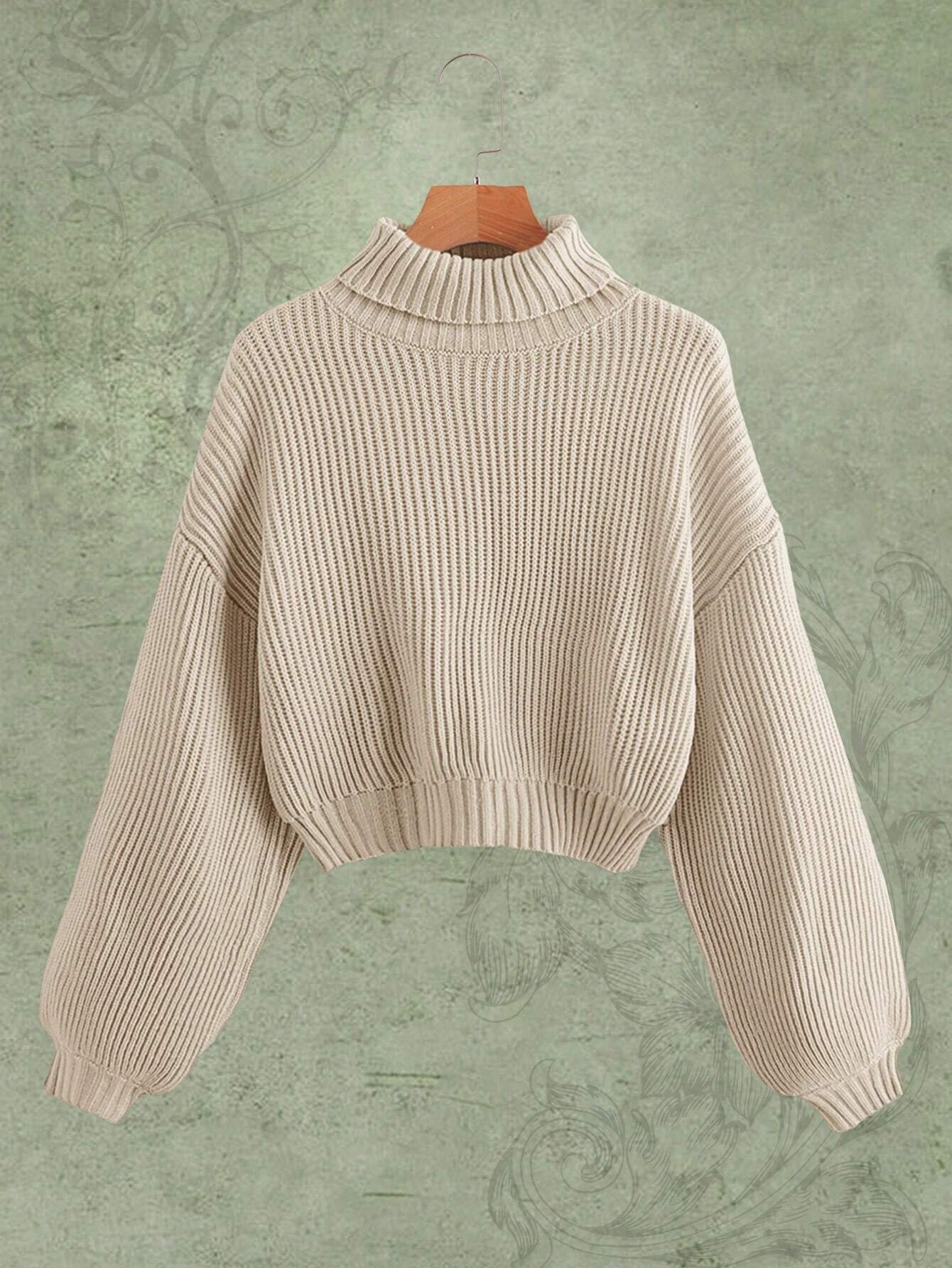 ROMWE Solid High Neck Bishop Sleeve Sweater shein