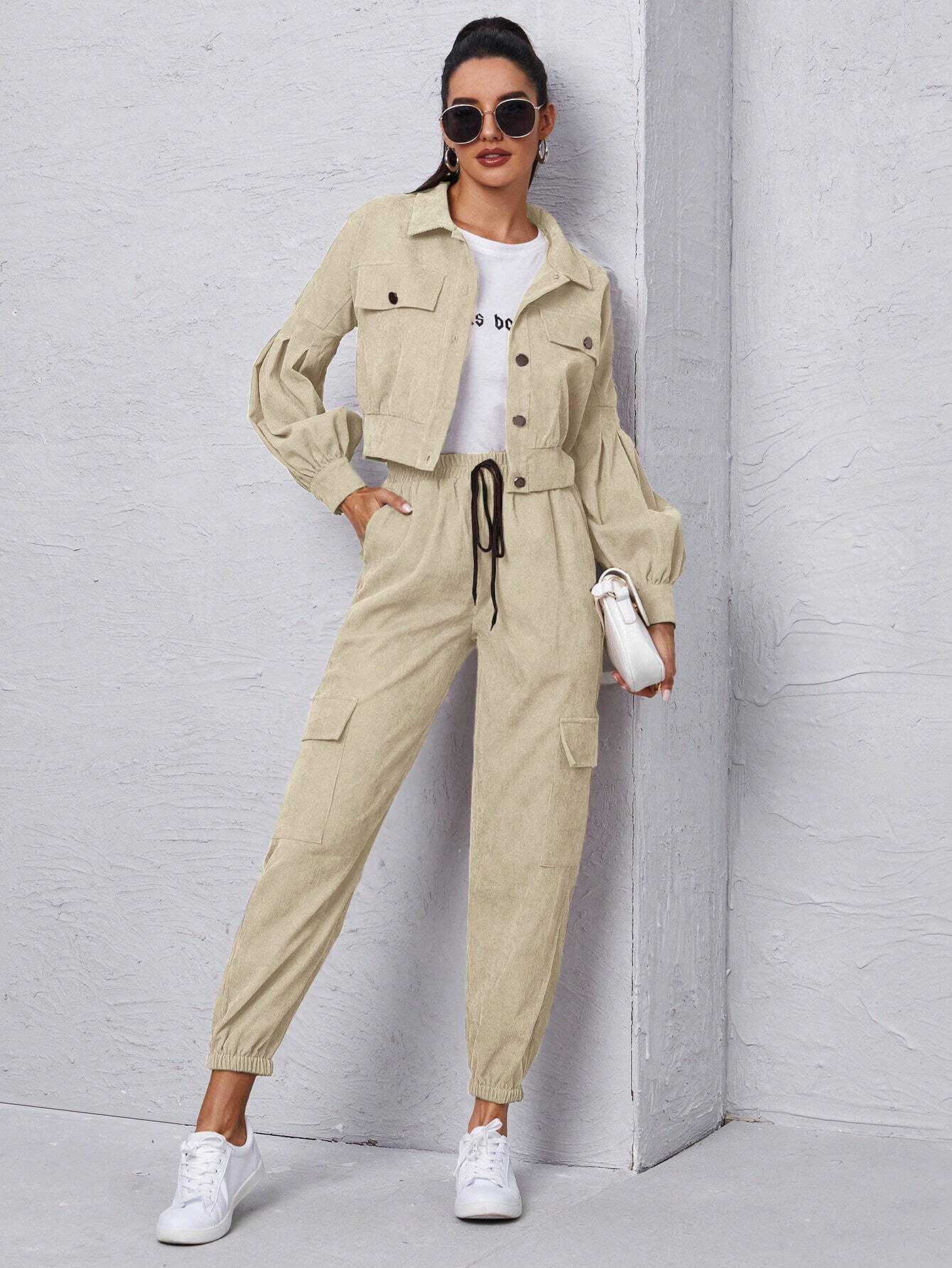 Mulvari Corduroy Flap Detail Jacket With Tie Front Cargo Pants shein