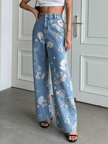 DAZY Floral Print Straight Leg Jeans shein