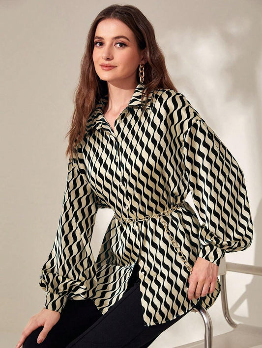 Modelyn Allover Print Lantern Sleeve Belted Shirt