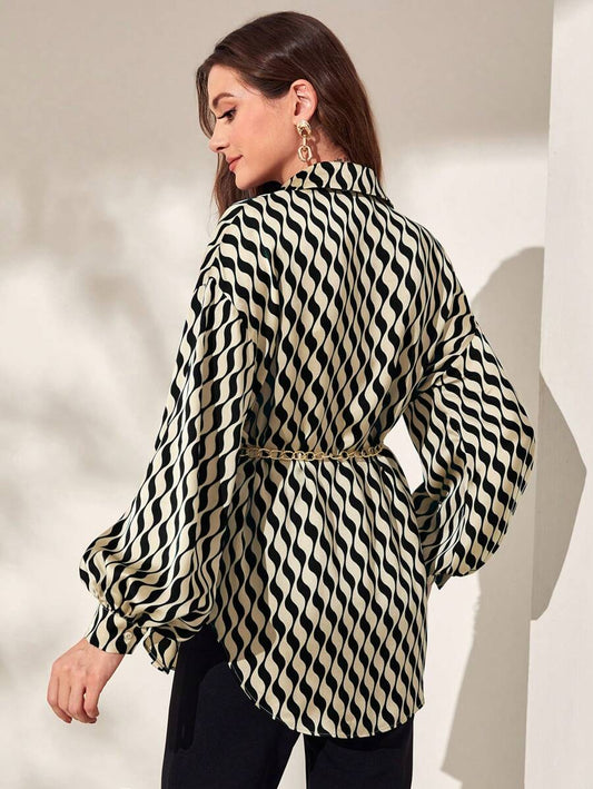 Modelyn Allover Print Lantern Sleeve Belted Shirt