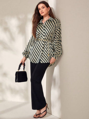 Modelyn Allover Print Lantern Sleeve Belted Shirt