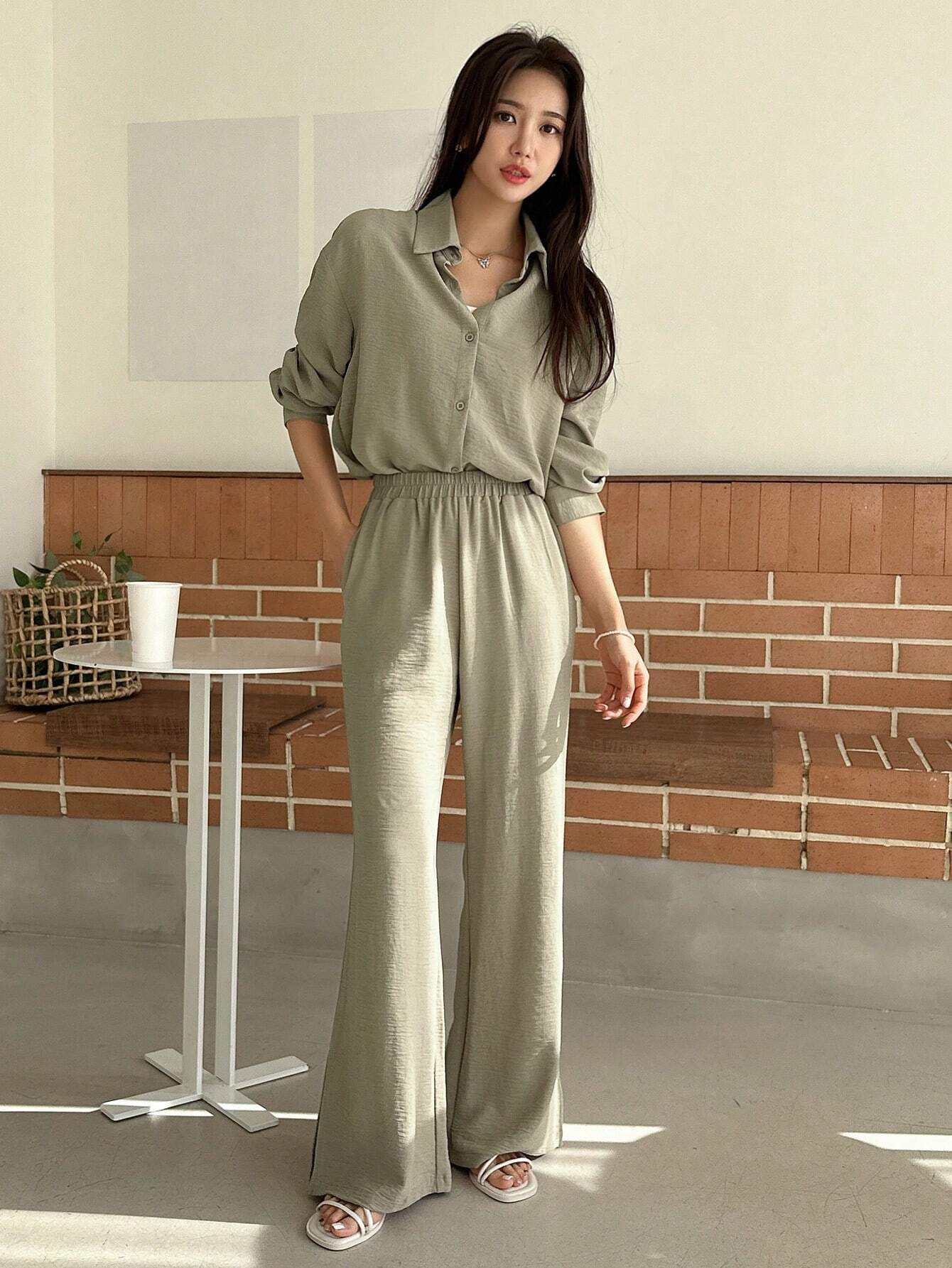 DAZY Solid Button Front Shirt & Flare Leg Pants shein