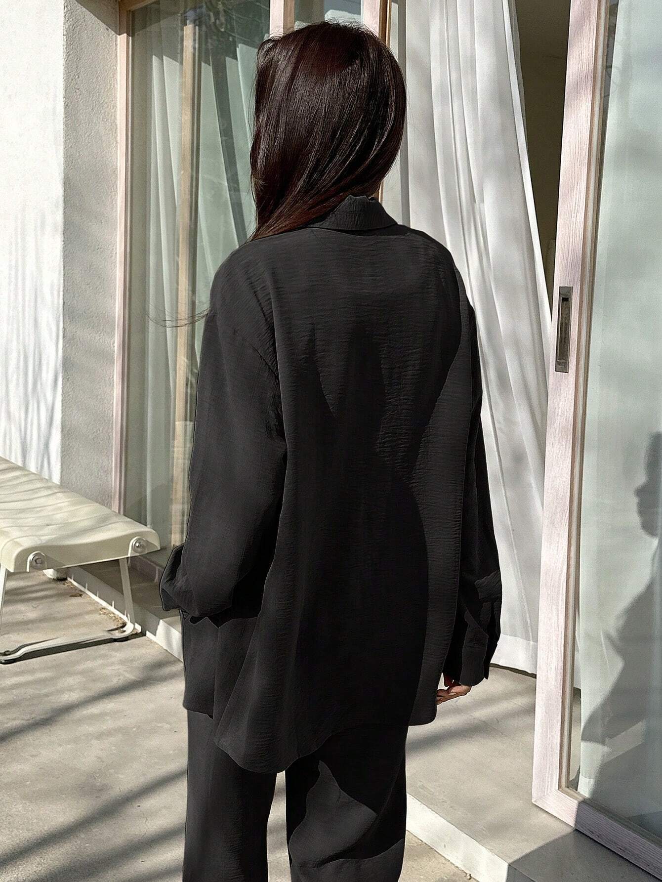 DAZY Solid Button Front Shirt & Flare Leg Pants shein