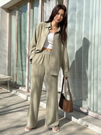 DAZY Solid Button Front Shirt & Flare Leg Pants shein