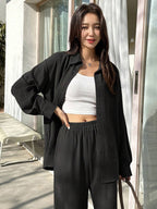 DAZY Solid Button Front Shirt & Flare Leg Pants shein