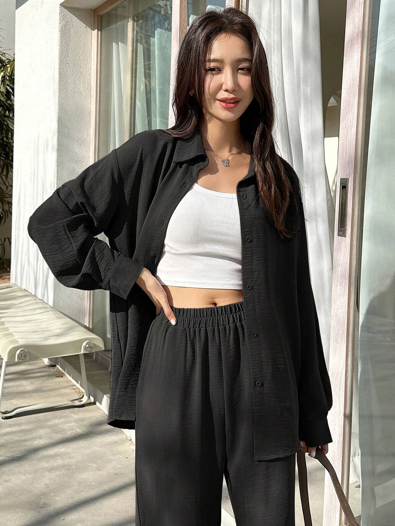 DAZY Solid Button Front Shirt & Flare Leg Pants shein