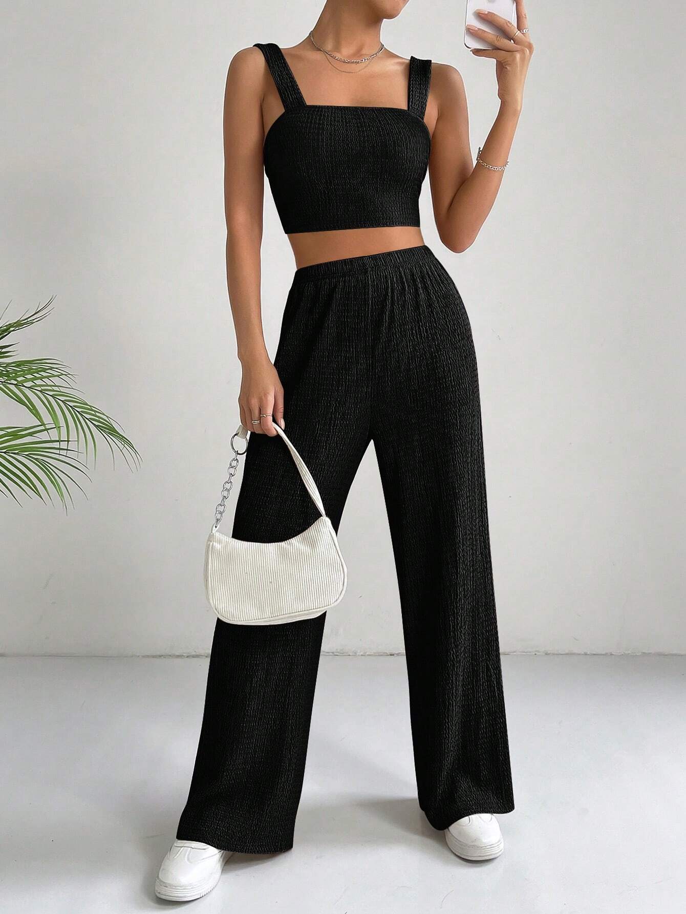 EZwear Solid Crop Cami Top & Wide Leg Pants shein