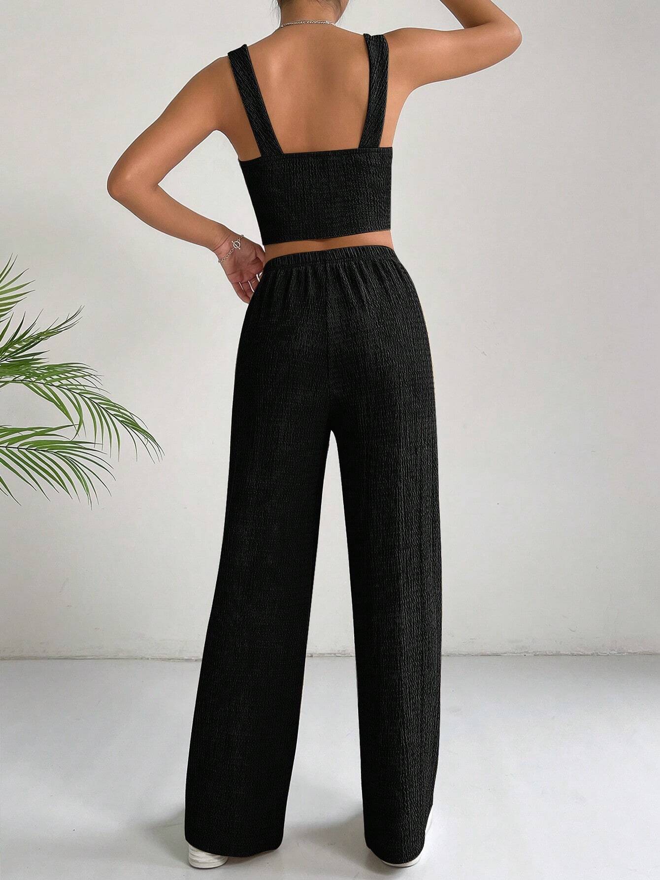EZwear Solid Crop Cami Top & Wide Leg Pants shein