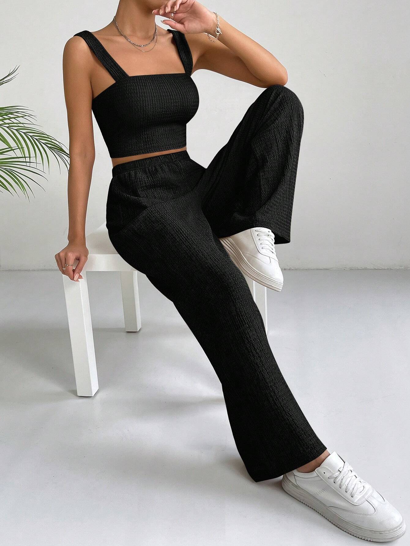 EZwear Solid Crop Cami Top & Wide Leg Pants shein