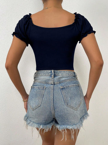 Raffinéa Ruched Front Sweetheart Neck Puff Sleeve Crop Tee