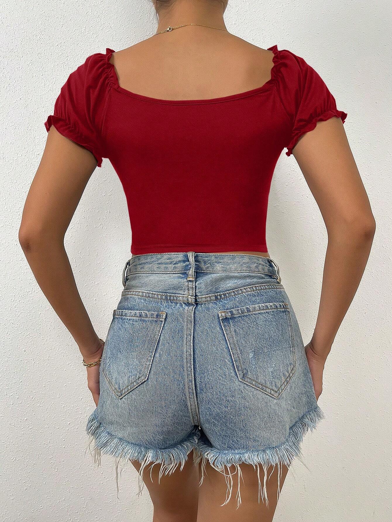Raffinéa Ruched Front Sweetheart Neck Puff Sleeve Crop Tee shein