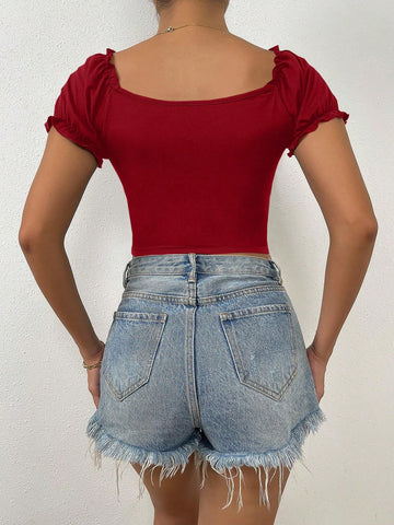 Raffinéa Ruched Front Sweetheart Neck Puff Sleeve Crop Tee