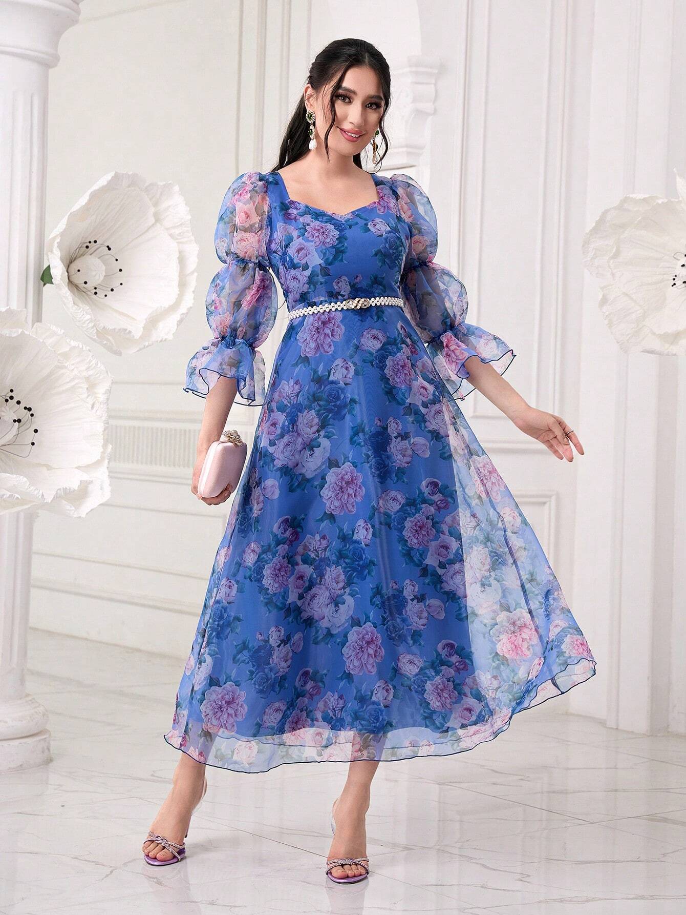 Modely Allover Floral Print Sweetheart Neck Flounce Sleeve Organza Dress shein