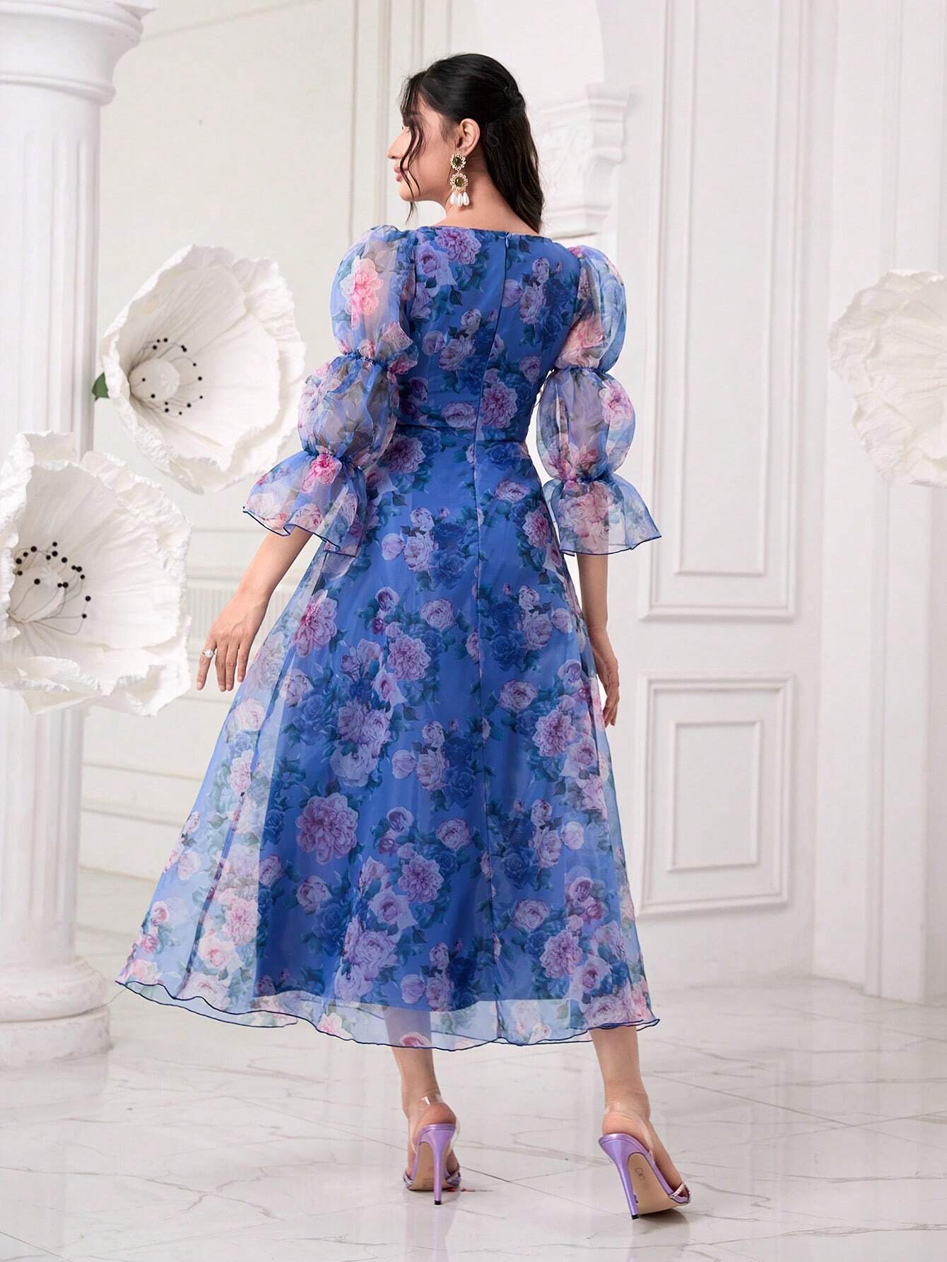 Modely Allover Floral Print Sweetheart Neck Flounce Sleeve Organza Dress shein