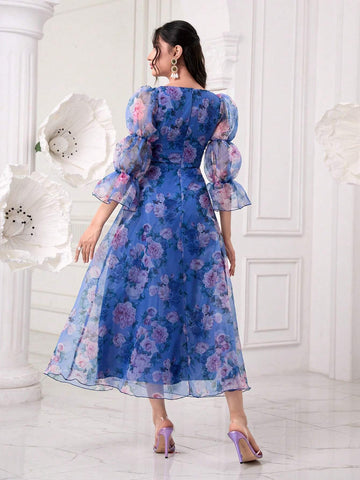 Modely Allover Floral Print Sweetheart Neck Flounce Sleeve Organza Dress shein