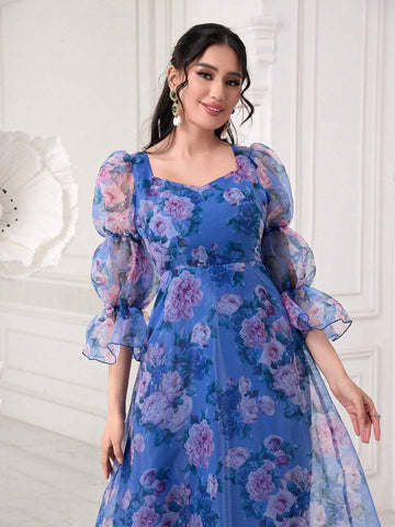 Modely Allover Floral Print Sweetheart Neck Flounce Sleeve Organza Dress shein