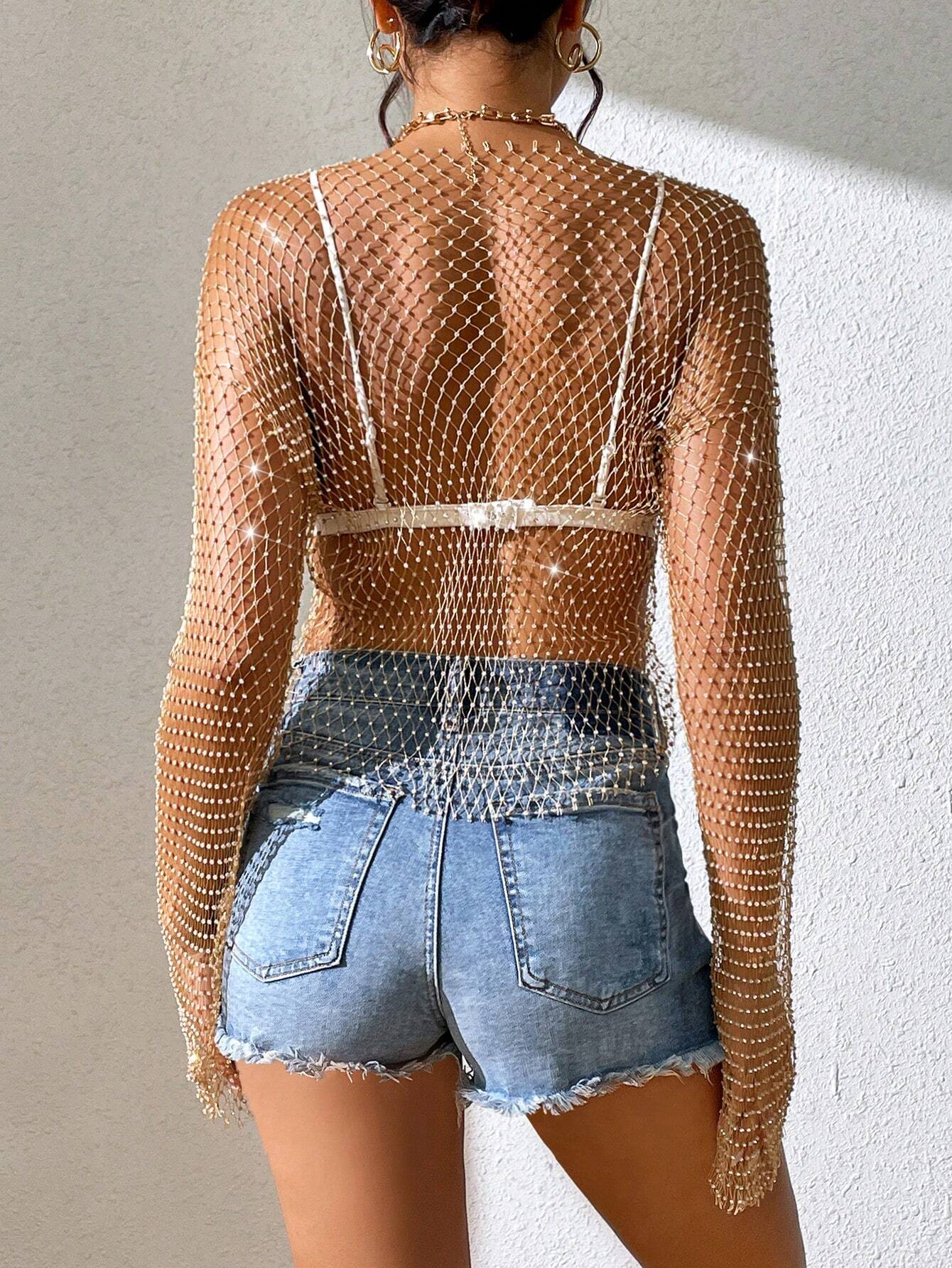 BAE Sheer Fishnet Metallic Top shein