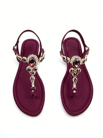 Women Rhinestone Decor Ankle Strap Thong Sandals