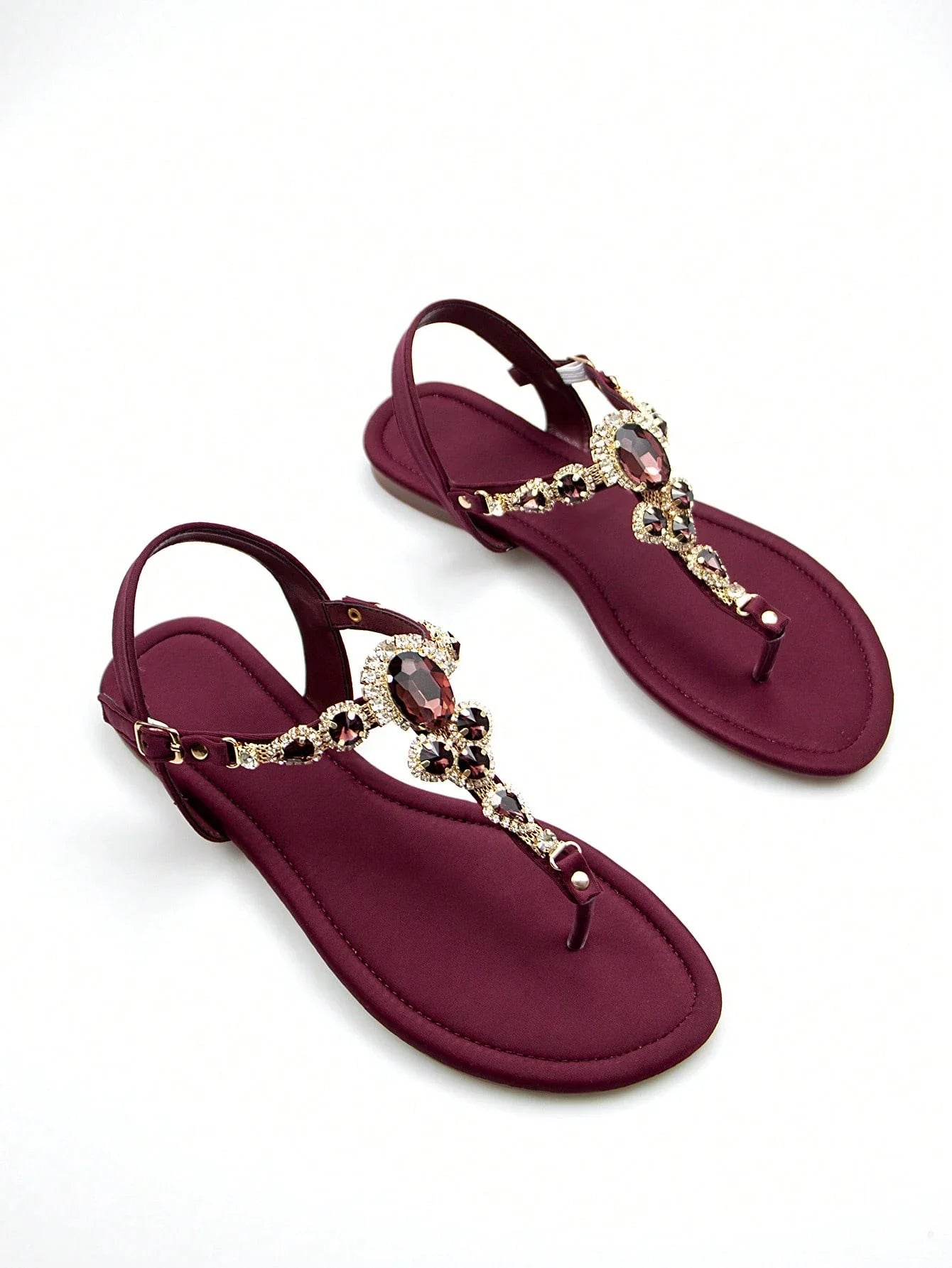 Women Rhinestone Decor Ankle Strap Thong Sandals shein