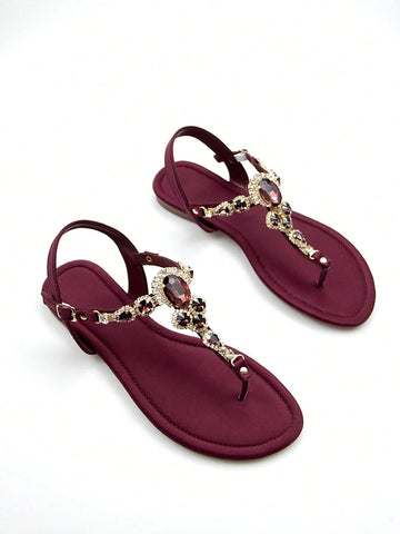 Women Rhinestone Decor Ankle Strap Thong Sandals