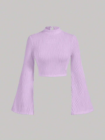 MOD Mock Neck Wave Jacquard Texture Long Bell Sleeve Crop Tee shein