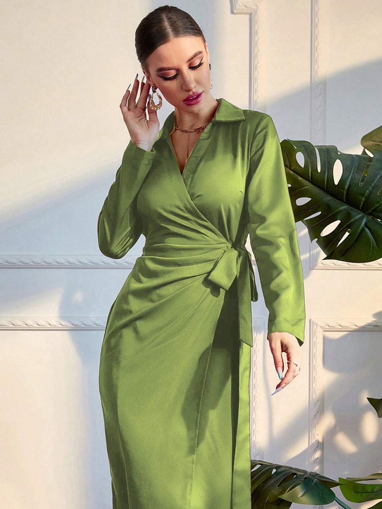 Modely Solid Wrap Knot Side Dress shein