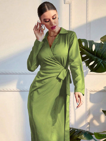 Modely Solid Wrap Knot Side Dress shein