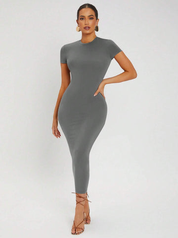 SXY Solid Round Neck Bodycon Dress shein