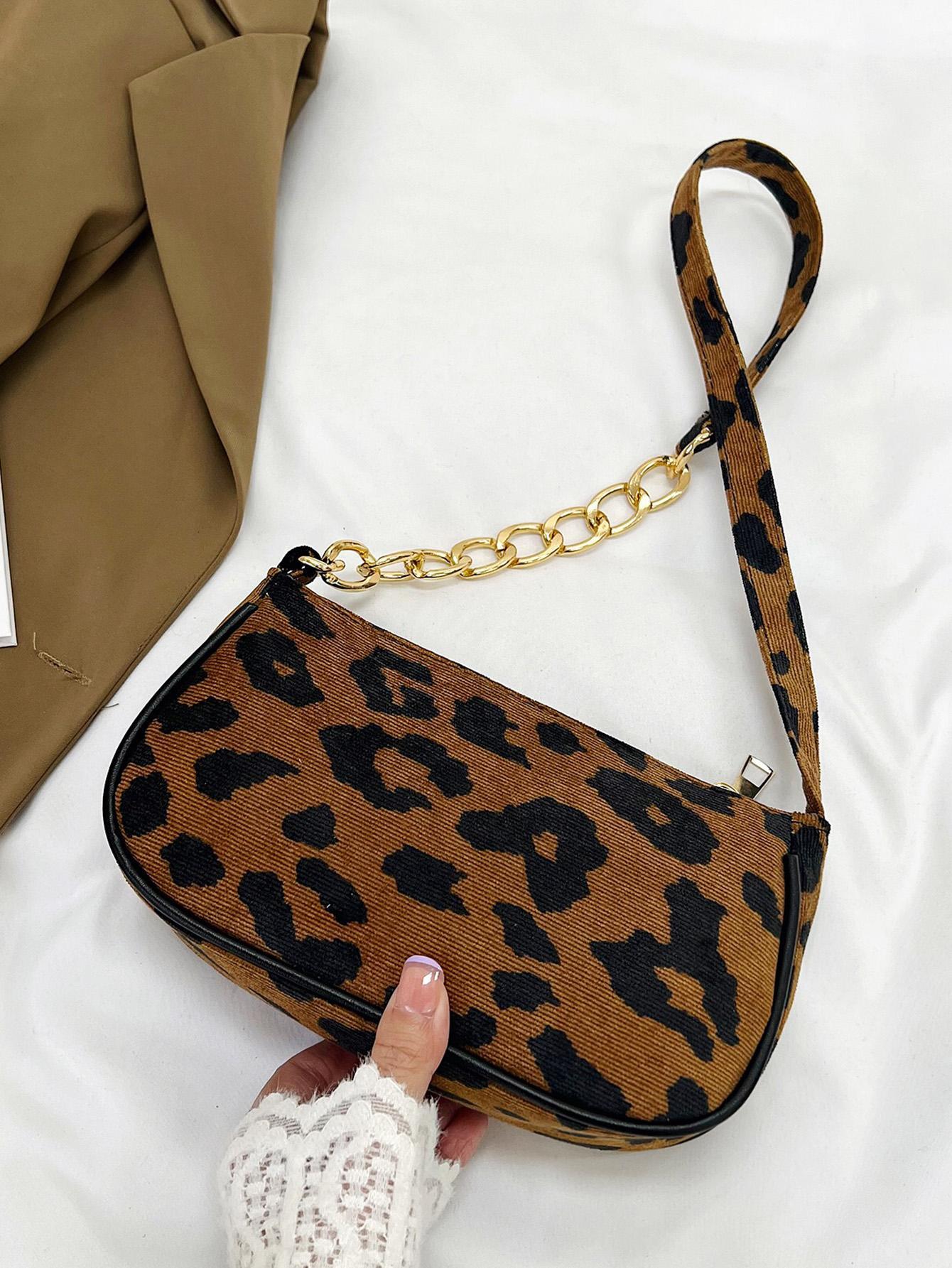 Leopard Print Hobo Bag Fashionable Chain Strap, Trendy Leopard Print Bag shein