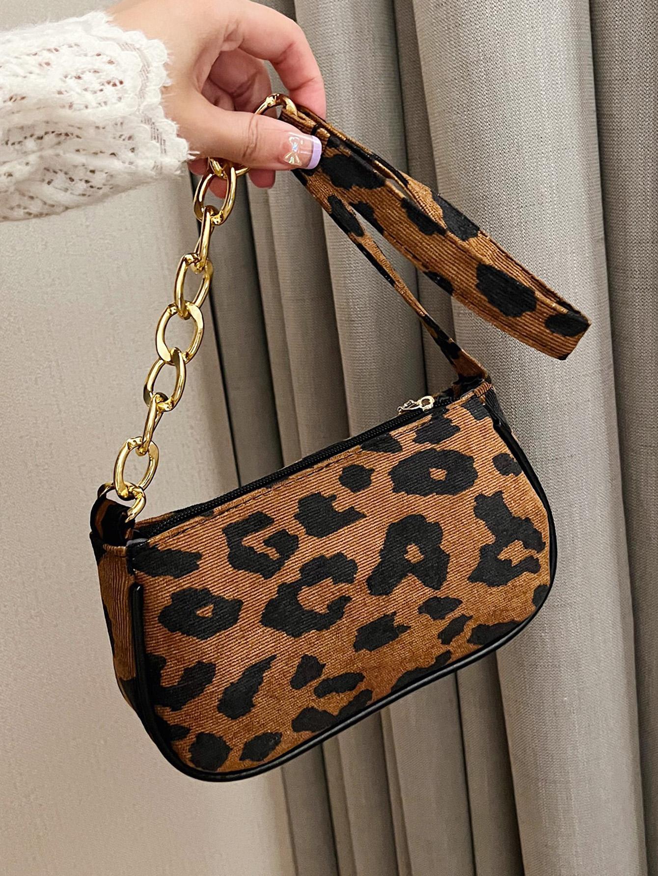 Leopard Print Hobo Bag Fashionable Chain Strap, Trendy Leopard Print Bag shein