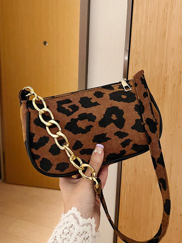 Leopard Print Hobo Bag Fashionable Chain Strap, Trendy Leopard Print Bag shein