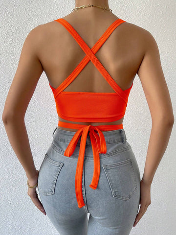 BAE Crisscross Tie Back Crop Halter Top shein